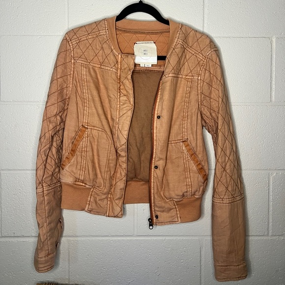 Jackets & Blazers - Anthropologie Hei Hei Itinerary Bomber Jacket Women's M peach Linen Blend Quilt